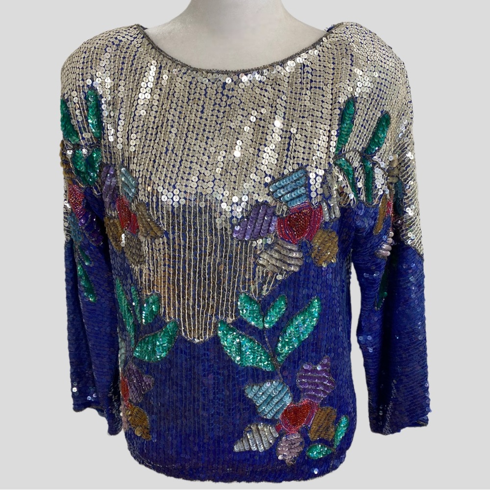 Vintage Blue Silver Multicolor Floral Sequin Silk Blouse